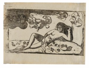 Te arii vahine-opoi (Nainen mangojen kanssa väsyneenä), myöhäisten puupiirrosten sarjaan kuuluvasta sarjasta. tekijältä Paul Gauguin