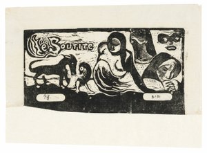 Kolme ihmistä, naamio, kettu ja lintu, Le souriren päähine tekijältä Paul Gauguin