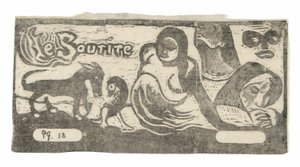 Kolme ihmistä, naamio, kettu ja lintu, Le souriren päähine tekijältä Paul Gauguin