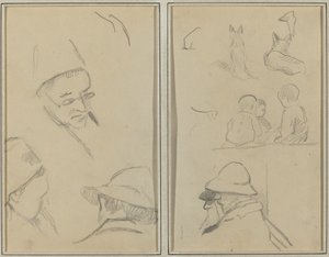 Kolme tutkimusta miesten päistä, yksi silmälasien kanssa; Koirat, lapset ja kaksi parrakasta miestä profiilissa [verso] tekijältä Paul Gauguin