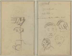 Kaksi hahmoa ja penkki; Kolme tutkimusta miesten päistä ja yhdestä kädestä [recto] tekijältä Paul Gauguin