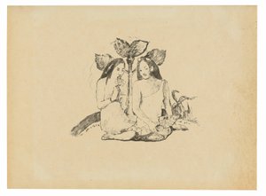 Kaksi maorinaista kyykkyssä tekijältä Paul Gauguin