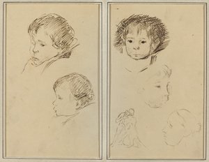 Kaksi tutkimusta lapsen päästä; Kaksi tutkimusta lapsen päästä, naisesta profiilissa ja miehestä, joka paini eläimen kanssa [recto] tekijältä Paul Gauguin