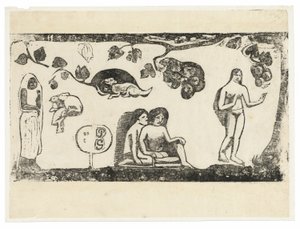 Naiset, eläimet ja lehdet Late Wood Block Prints -sarjasta tekijältä Paul Gauguin
