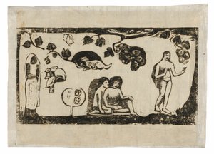 Naiset, eläimet ja lehdet, myöhäisten puupiirrosten sarjasta tekijältä Paul Gauguin
