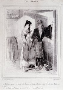2 köyhää naista keskustelemassa portaissa miehistä, ”Les Lorettes”, Gavarni, n. 1840. tekijältä Paul Gavarni