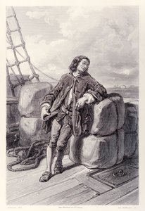 Kapteeni Lemuel Gulliver merellä kauppalaivallaan, Jonathan Swiftin teoksen Gullivers Travels ranskalaisesta painoksesta. tekijältä Paul Gavarni