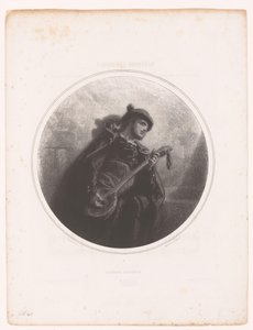 Mies, jolla on banjo, laulaa ja soittaa serenadia Serenade Espagnole (otsikko esineessä) Kuvituksia Jeanne Gavarnin kappaleisiin (sarjan nimi) Illustrations des Mélodies de Madame Jeanne Gavarni (sarjan nimi) tekijältä Paul Gavarni