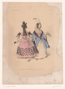 Kaksi naista juhlapukuissa Transvestissemens originaux pour les Bals de 1834 (otsikko esineessä) Mielikuvitukselliset vaatteet (sarjan nimi) Fantaisies (sarjan nimi esineellä) tekijältä Paul Gavarni