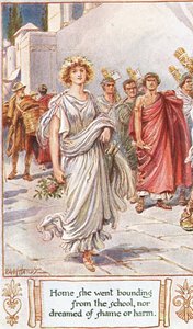 Kotiin hän meni koulusta ei uneksinut häpeästä tai vahingosta, kuvitus "The Lays of Ancient Rome", kirjoittanut Thomas Babington Macaulay tekijältä Paul Hardy