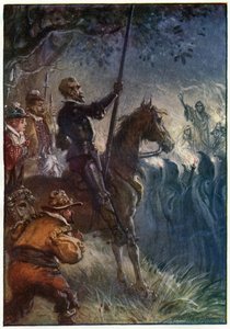 Sitten pukeutunut hahmo nousi seisomaan, kuvitus "Don Quijoten seikkailuista", jonka julkaisija G. Bell und Sons, Ltd., 1911 tekijältä Paul Hardy