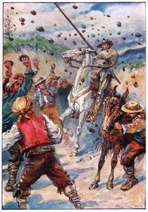 He heittivät Don Quijotea kivisuihkulla, kuva G. Bell & Sons, Ltd:n julkaisemasta Don Quijoten seikkailuista. tekijältä Paul Hardy