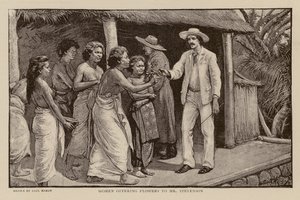 Naiset tarjoavat kukkia Robert Louis Stevensonille (kaiverrus) tekijältä Paul Hardy