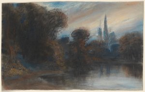 Abbey metsäisen järven rannalla Twilightissa tekijältä Paul Huet