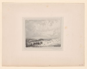 Mäkinen maisema auringonpaisteessa neliömäinen pohja Kahdeksan maisemaesitystä (sarjan nimi) Huit sujets de Paysage (sarjan nimi) tekijältä Paul Huet