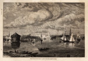 New Yorkin sataman sisäänkäynti, Paul Huetin (1803-1869) piirustus havainnollistamaan L. Devillen matkoja Pohjois-Amerikkaan vuosina 1854-1855. Kaiverrus ”” Le tour du monde”” 1861. Selvan kokoelma. tekijältä Paul Huet