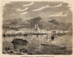 Montrealin näkymä, Paul Huetin (1803-1869) piirustus havainnollistamaan matkoja Pohjois-Amerikkaan vuosina 1854-1855, L. Deville. Kaiverrus ”” Le tour du monde”” 1861. Selvan kokoelma. tekijältä Paul Huet