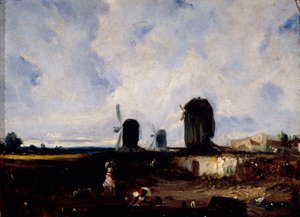 Tuulimyllyt Montrougen tasangoilla, n. 1820 (öljy kankaalle) tekijältä Paul Huet