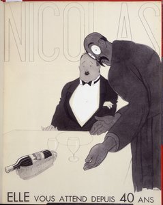 Hän on odottanut sinua 40 vuotta Ravintolan tarjoilija kääntyy asiakkaan puoleen suunnittelemalla viinipullon. - Nicolasin mainos, Paul Iriben (1883-1935) piirustus tekijältä Paul Iribe