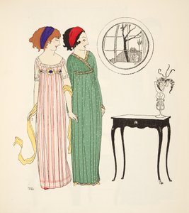 Kaksi empire line -päivämekkoa Les Robes de Paul Poiret -pubista. 1908 (stensiiliprintti) tekijältä Paul Iribe