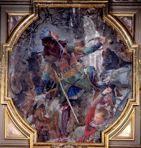 Pyhän Hubertin näyssä, joka meni metsästämään metsään, näkee ihmeellisesti Jumalan ilmestyvän peuran muodossa. Paul Jacques Aime Baudryn (1828-1886) kanvasmarouflee 1882 su. 2,3x2,06 m Chantilly, Musee Conde tekijältä Paul Jacques Aimé Baudry