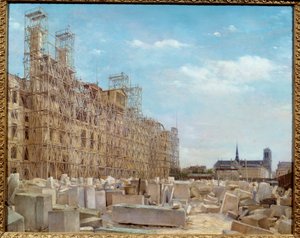 Pariisin kaupungintalo jälleenrakennuksessa Rakennus, joka tulipalo 1871 communards, on rakennettu uudelleen ja peitetty rakennustelineillä ja kivilohkolla. Victor Dargaudin maalaus (n. 1850-a. 1913) 1880 Su. 0,65 x 0,81 m Pariisi, museo Carnavalet - Kaupu