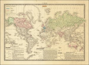 Ranskan vuoden 1840 maailmankartta, jossa on esitetty Britannian, Ranskan ja Venäjän valtakuntien alueet. tekijältä Paul Kaeppelin