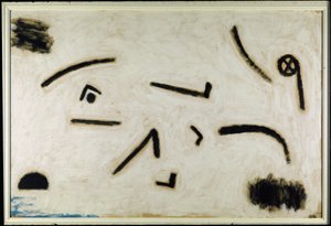 Nimetön (kyltit mustalla taustalla), C.1940 (väri ja liima paperille) tekijältä Paul Klee