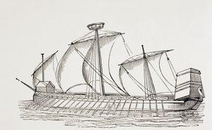 16th Century Kolmimastoinen kaleeri, jossa on neliöpurjeet. tekijältä Paul Lacroix