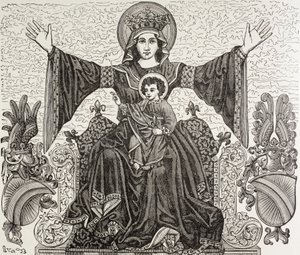 Strasbourgin kaupungin vanha lippu, Ranska. Siinä on Neitsyt Marian kuva, jolle kaupunki omistettiin 13. vuosisadalla. Lippu tuhoutui vuonna 1870 pommituksen aikana. tekijältä Paul Lacroix