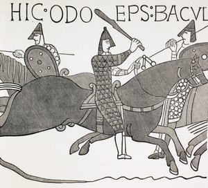 Piispa Edues pitelemässä virkakapulaansa ja kannustamassa Normandian herttuan sotilaita Hastingsin taistelussa. Bayeux