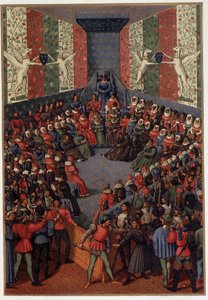 Kaarle VII puheenjohtajana Alenconin herttua Johnin (englannin liittolaisen) tuomiota Vendomessa vuonna 1458 - Fouquet
