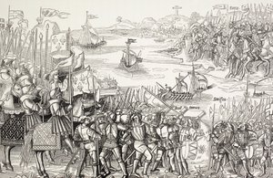 Ristiretkeläisten maihinnousu Egyptin Damiettaan vuonna 1249 seitsemännen ristiretken aikana. tekijältä Paul Lacroix
