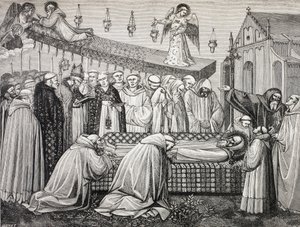 Pyhän Benedictus Nursian eli San Benedetto Da Norcian kuolema, 480-547, Monte Cassinon luostarissa. tekijältä Paul Lacroix