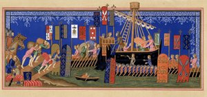 Pyhän Hengen ritarien aloitus ristiretkelle - perustuu 1300-luvun miniatyyriin, Paul Lacroixin "" Sotilaallinen ja uskonnollinen elämä keskiajalla ja renessanssin aikakaudella" -sarjaan.