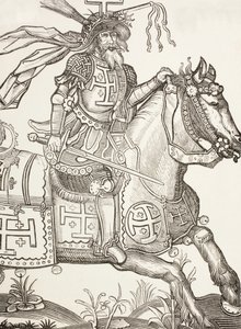 Godfrey Of Bouillon, n. 1060 - 1100, keskiaikainen frankkien ritari. Ensimmäisen ristiretken johtaja. Tässä hänet nähdään kruunattuna Kristuksen kärsimysvälineillä. 1400-luvun puupiirroksen mukaan. tekijältä Paul Lacroix