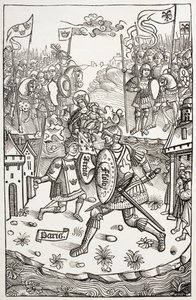 Kuningas Artus eli Arthur taistelee jättiläistä vastaan neitsyen suojeluksessa. Alain Bouchardin vuonna 1514 julkaiseman Chroniques De Bretagne -teoksen puupiirroksen mukaan. tekijältä Paul Lacroix