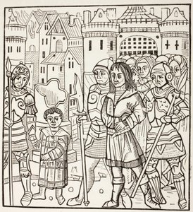 Ranskan kuningas Pyhä Ludvig, Ludvig Ix, ja hänen kaksi veljeään, Alfons ja Kaarle, joutuvat saraseenien vangiksi Fariskurin taistelun jälkeen huhtikuussa 1250 seitsemännen ristiretken aikana. tekijältä Paul Lacroix
