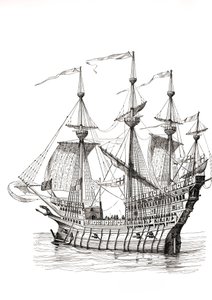 Sotamies, joka kuljetti kuningas Henrik Viii:n Englannista Ranskaan vuonna 1520 tapaamaan kuningas Fransiskus I:tä kultakangaskentällä. Holbeinin piirroksen mukaan. tekijältä Paul Lacroix