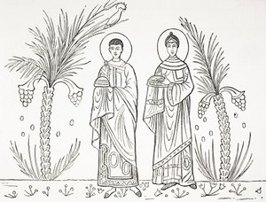 Pyhä Cecilia ja hänen miehensä Valerianus. Roomassa sijaitsevassa Pyhän Cecilian kirkossa säilytetyn 3. tai 4. vuosisadan mosaiikin mukaan. tekijältä Paul Lacroix