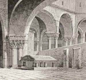 Godfrey De Boullonin hauta, noin 1060-1100, sellaisena kuin se oli Jerusalemin Pyhän haudan kirkossa. Hauta on nyt tuhottu. Paikalla vuonna 1828 tehdyn piirroksen mukaan. tekijältä Paul Lacroix