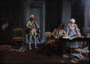 Le Billet de Logement. Öljy paneelille, signeerattu ja päivätty P Jazet 1879. tekijältä Paul Léon Jazet