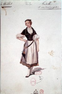 Adolphe Adamin (1803-56) samannimisen baletin "Giselle" pukusuunnitelma 1841 (vesiväri paperille)