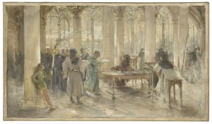Luonnos Pariisin kauppatuomioistuimen istuntosalista: Le livre des métiers, noin 1891 (lyijykynä, öljy kankaalle).