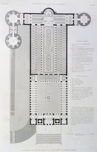 Keisari Konstantinuksen rakentaman vanhan basilikan entisöity pohjaratkaisu, kaiverrus Vatikaanista ja Pietarinkirkosta tekijältä Paul Marie Letarouilly