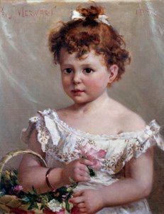 Tyttö korissa eli Helene Loeb, tuleva Madame Victor Lyon, kaksivuotiaana Paul Merwartin (1855-1902) maalaus 1800-luvun aurinko. 0,46x0,38 m