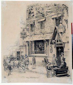 Näkymä Cabaret du Chat Noirin sisäänkäynnistä. Mustepiirustus Paul Merwart (1855-1902) 1800-luvun Pariisi, Musee Carnavalet