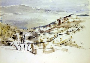 Maisema nousemassa, nro 3 (akvarelli ja liitu paperille) tekijältä Paul Nash