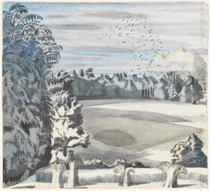 Maisema vankien kanssa, n. 1913-1914 (musta liitu ja akvarelli paperille) tekijältä Paul Nash