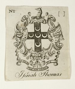 Kirjakilpi Isaiah Thomasille (1749-1831), n. 1765-1770 (kaiverrus paperille) tekijältä Paul Revere